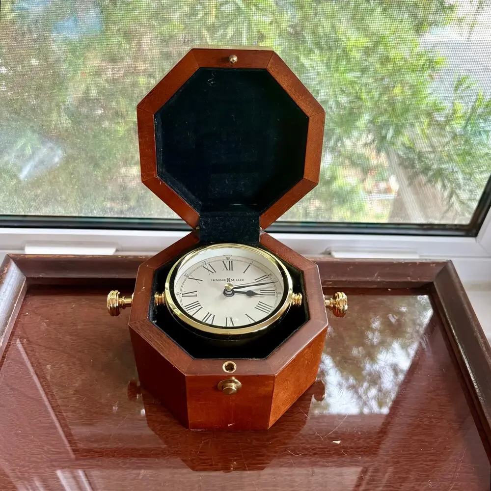 Vintage Howard Miller Hinged Wood Desk Clock Rotating Brass Roman Numeral